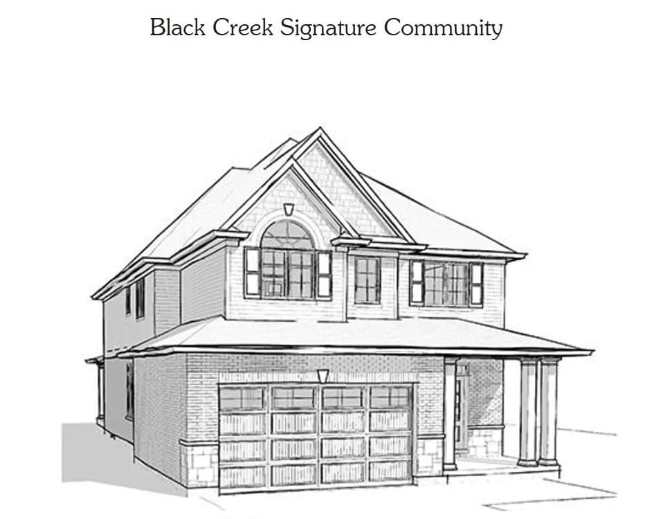 Architectural elevation drawing of a two-storey Black Creek home with gabled roof, brick lower level and double garage.